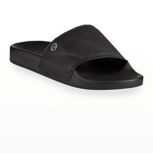 GIORGIO ARMANI MEN'S BLACK LOGO TEXTURED LEATHER POOL SLIDES us size 7